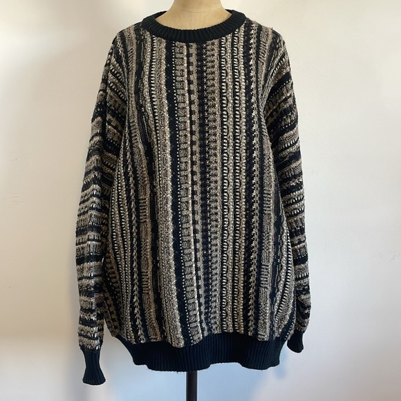 VTG 3D Knit Murano Knit Sweater XXL Black Wool Blend Crew Cosby Pullover Multi - Picture 9 of 15